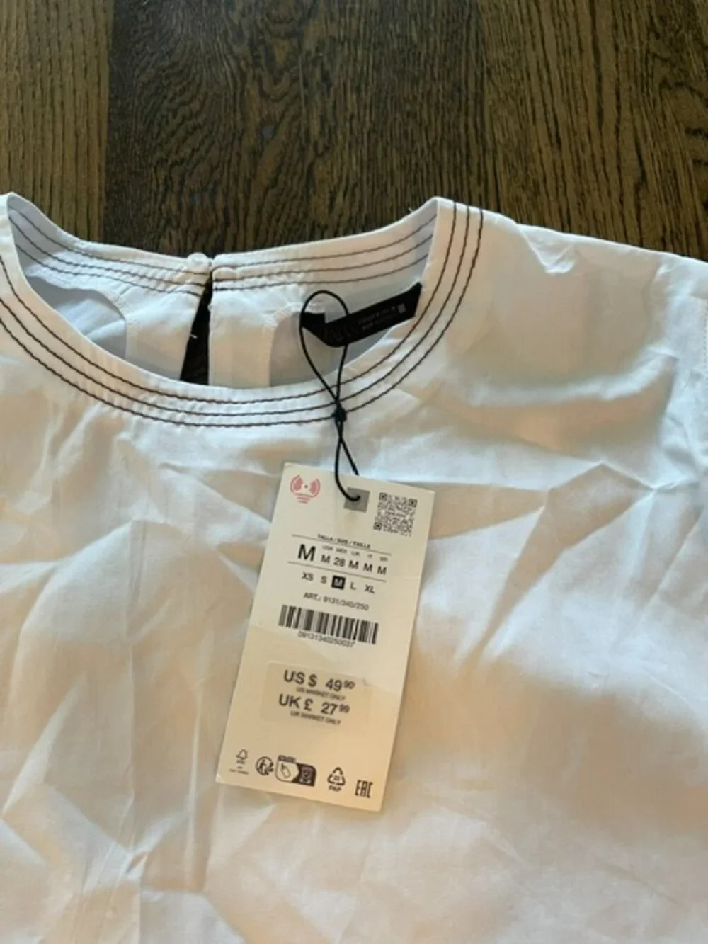 Zara White Cotton Poplin Contrast Topstitch Puff Sleeve Blouse Top Medium NWT